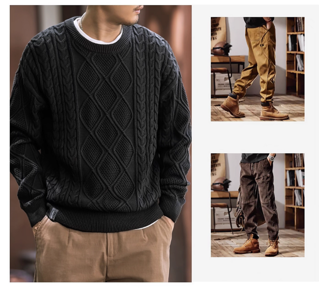 Black cable knit crewneck sweater styled with khaki pants and boots.