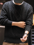 Casual men’s cable sweater rolled sleeves, black diamond knit.