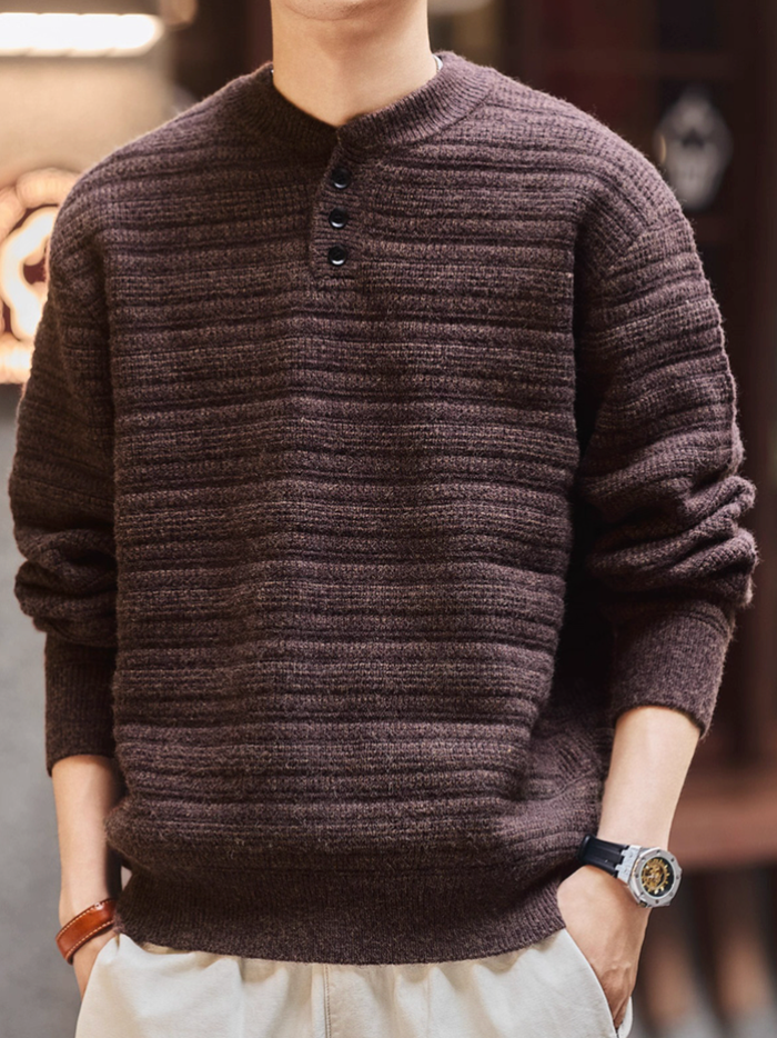 Men’s deep purple textured Henley knit sweater – 3-button mock neck front view.