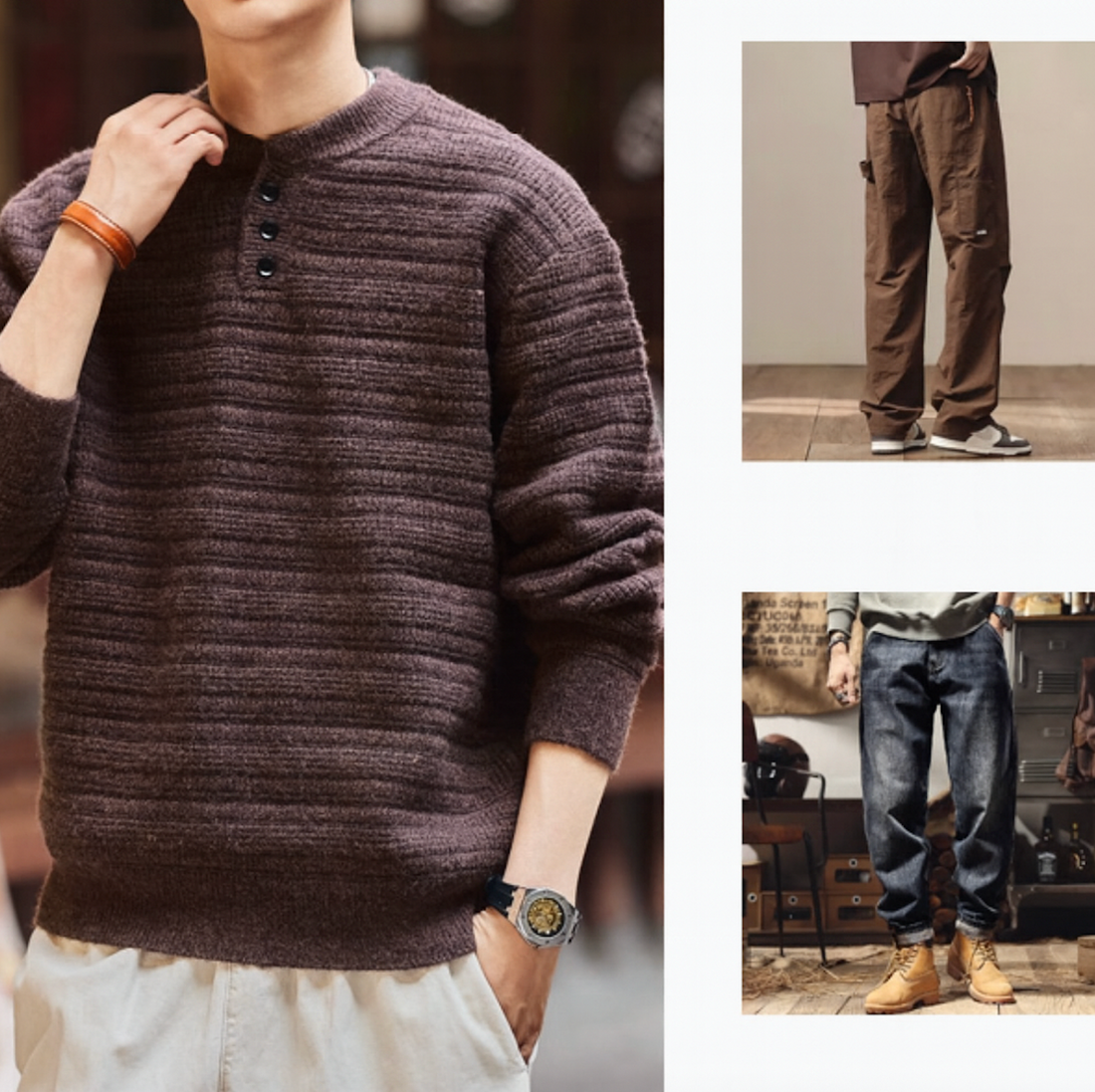 Styling idea with deep purple Henley sweater paired with casual pants.