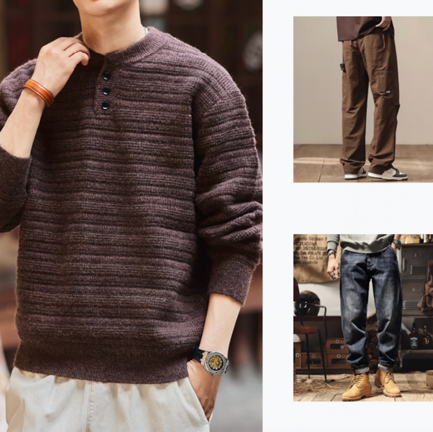 Styling idea with deep purple Henley sweater paired with casual pants.