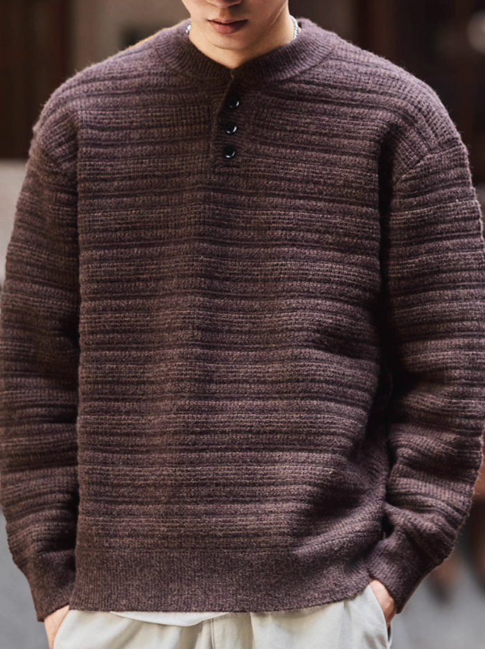Close-up front look of deep purple textured Henley sweater with 3 buttons.