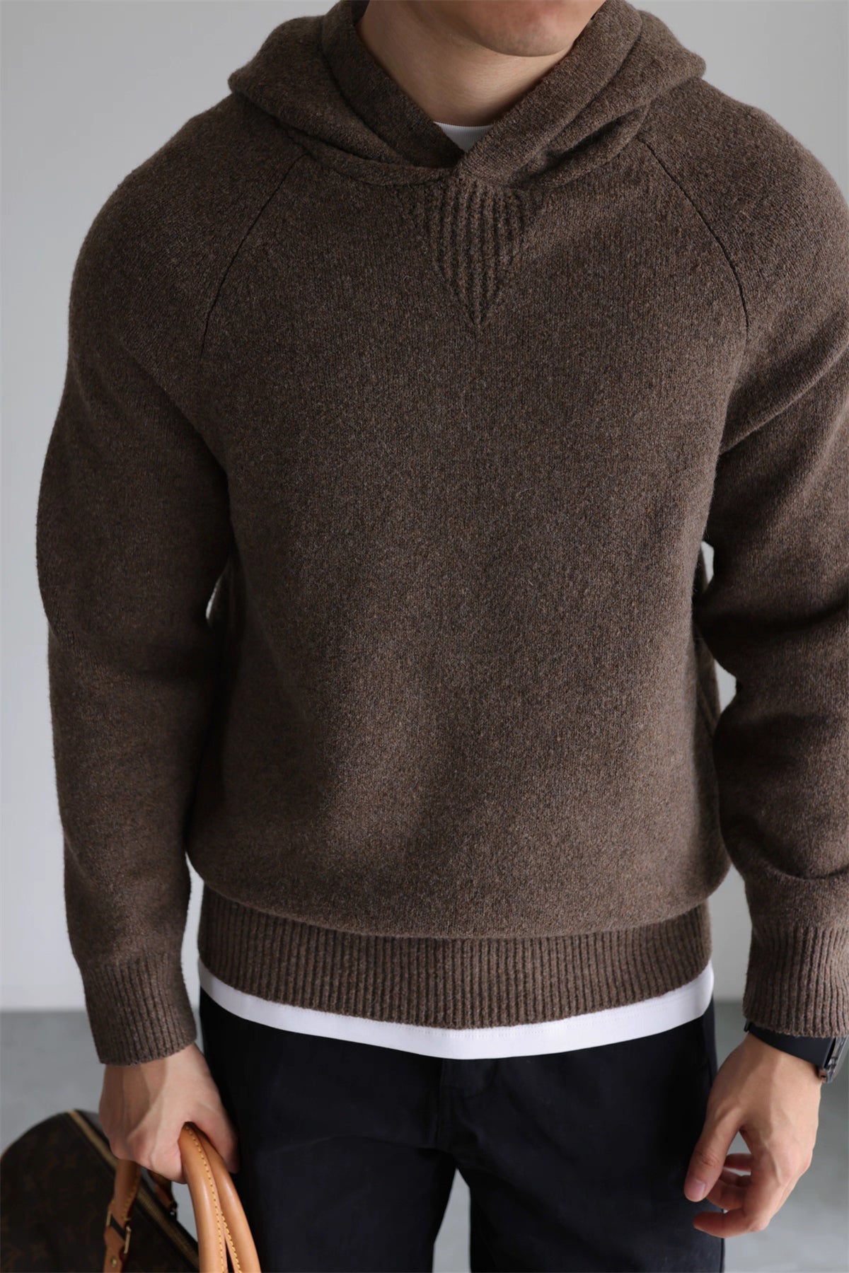 Men’s wool-blend knit hoodie in coffee brown, front view, minimalist fall/winter pullover