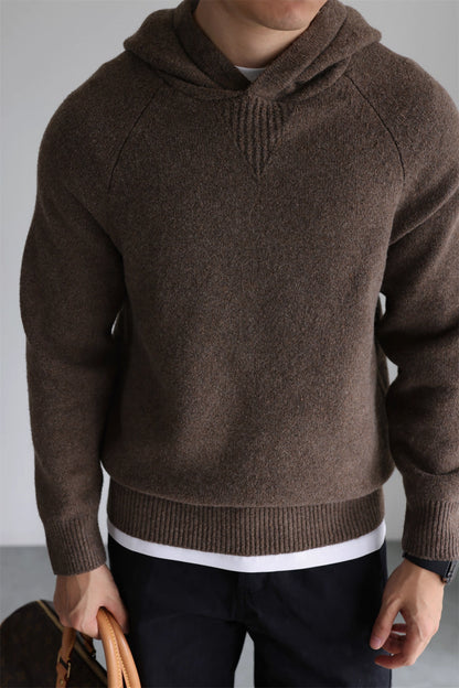 Men’s wool-blend knit hoodie in coffee brown, front view, minimalist fall/winter pullover