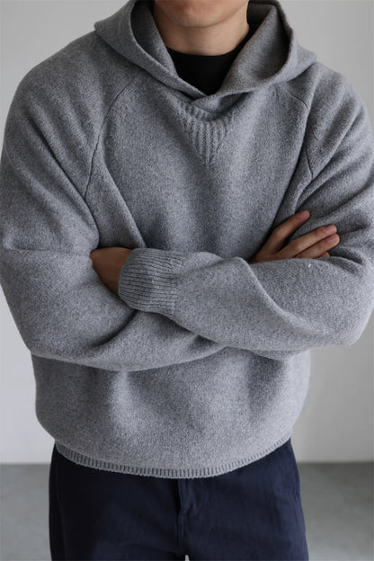 Men’s brushed gray knit hoodie, minimalist pullover with ribbed cuffs