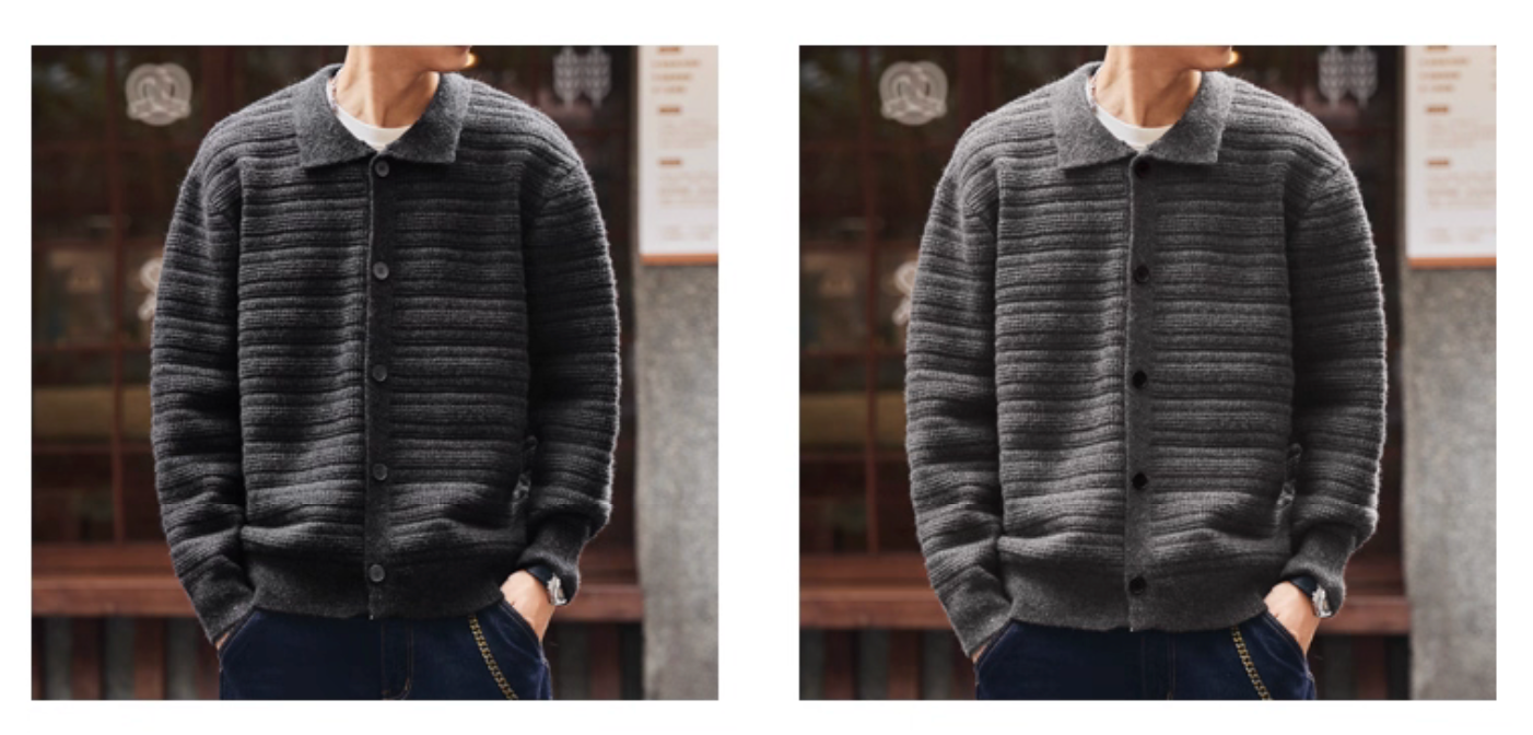 Two views of dark grey ripple-textured shirt-collar cardigan, showing front design and button closure details.