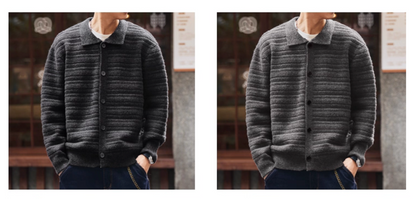 Two views of dark grey ripple-textured shirt-collar cardigan, showing front design and button closure details.