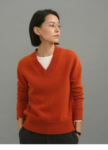 Close-up of the rust-orange Merino wool V-neck sweater showing ribbed neckline, soft knit texture, and layered white inner tee.