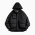 Metro Flex Waterproof Jacket in Black front view showing hooded design, front zip closure and multiple utility flap pockets