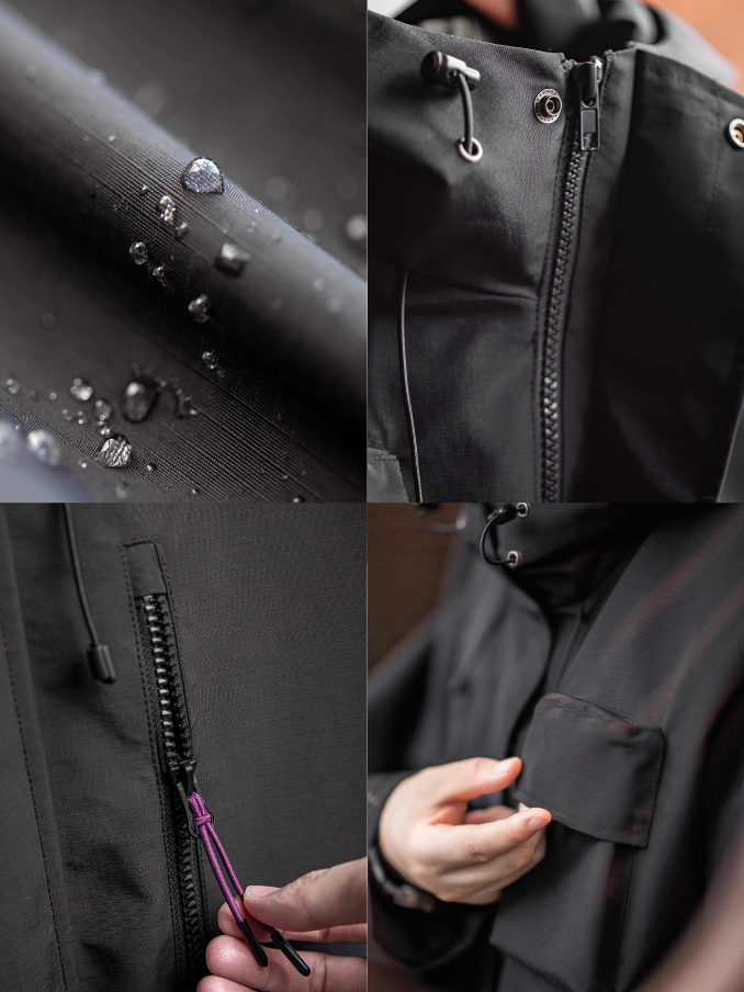 Detail collage of Black Metro Flex Waterproof Jacket showing waterproof fabric with water droplets, zipper construction and pocket flap design