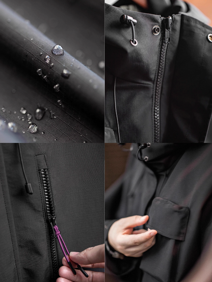Detail collage of Black Metro Flex Waterproof Jacket showing waterproof fabric with water droplets, zipper construction and pocket flap design