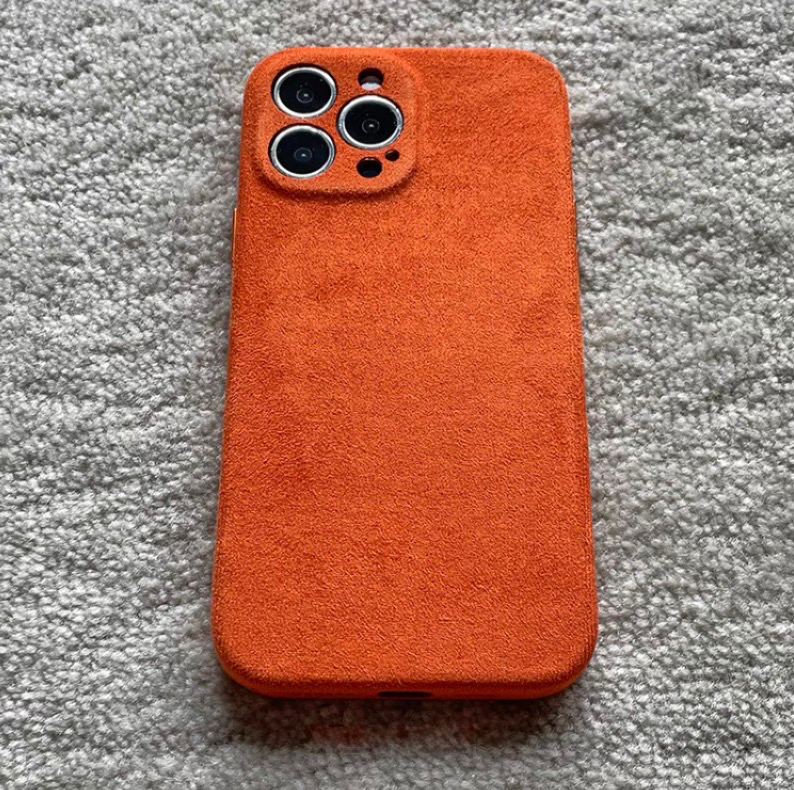 Orange microfiber suede matte phone case back view with vibrant color and soft-touch texture