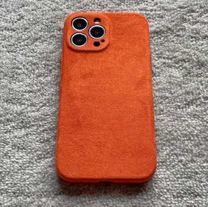 Orange microfiber suede matte phone case back view with vibrant color and soft-touch texture