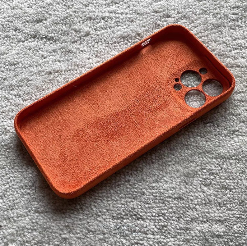 Orange microfiber suede phone case interior view with soft lining and protective structure