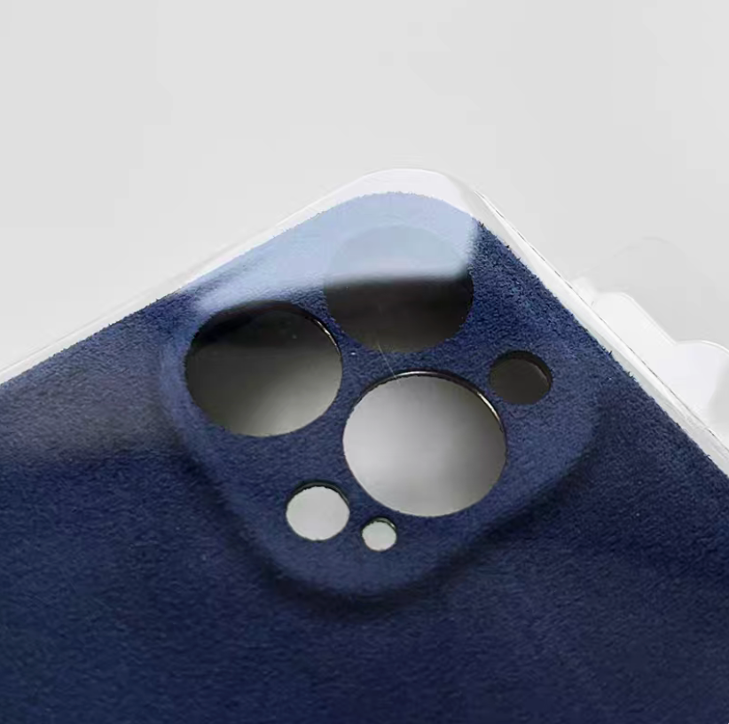 Royal blue microfiber suede phone case close-up of camera cutout and soft-touch finish