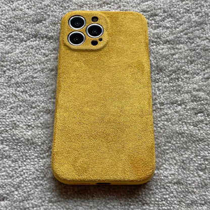 Yellow microfiber suede matte phone case back view with warm tone and soft grip finish