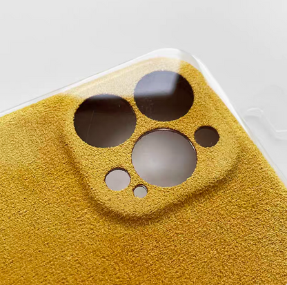 Yellow microfiber suede phone case camera cutout detail showing textured matte surface