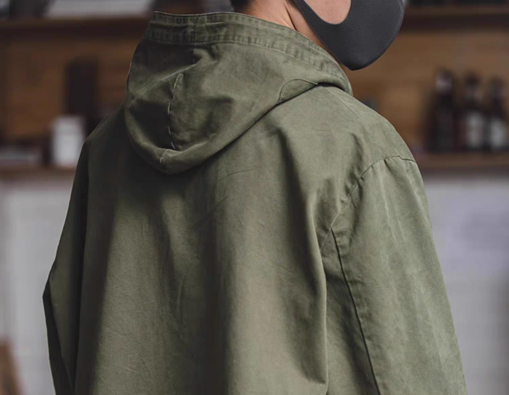 Back view of Army Green military deck jacket hoodie, showing hood shape and shoulder structure from rear angle