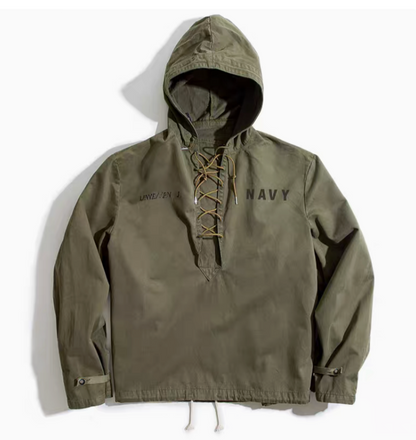 Military Deck Jacket Hoodie in Army Green, front flat lay showing rope-adjustable collar, drawstring hood and vintage navy print details