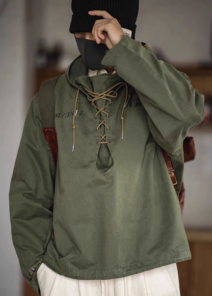 Army Green military deck jacket hoodie worn by model, front view highlighting rope-adjustable collar, loose fit and hooded design