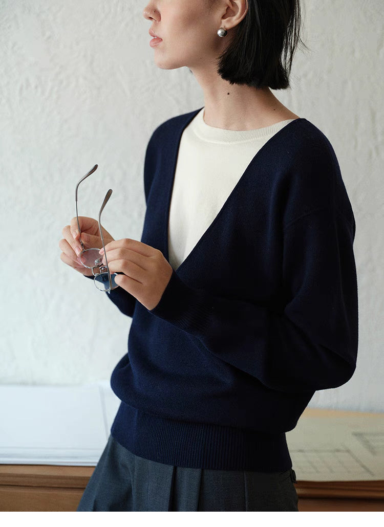 Close-up of Navy Blue Modern V-Neck Relaxed Sweater showing V-neckline, ribbed hem and soft lightweight knit texture