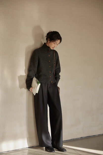 Dark gray mock neck cardigan full body relaxed outfit with wide leg pants and cozy styling