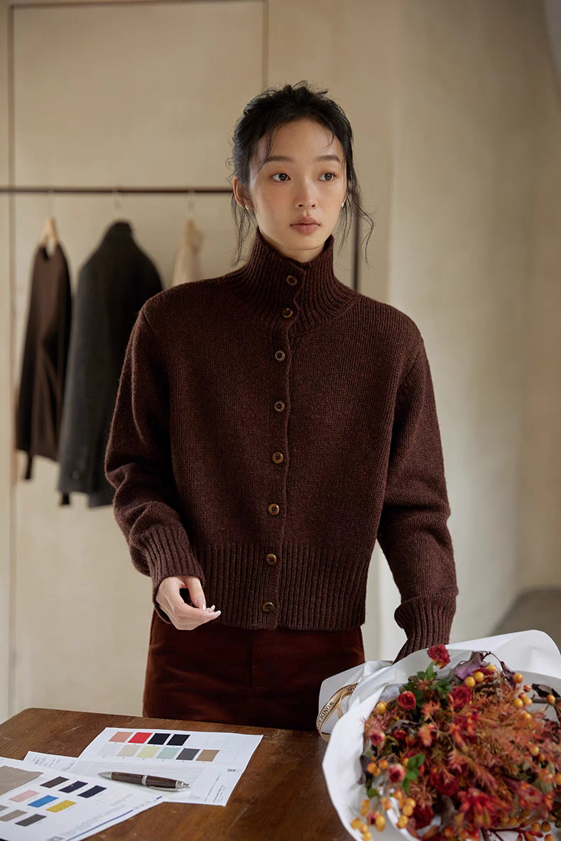 Red chestnut brown mock neck cardigan front view with ribbed collar and button closure detail