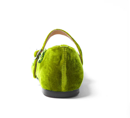 Back view of a Moss Green velvet Mary Jane showing the plush heel and strap