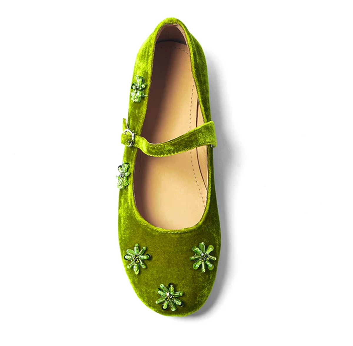 Top-down view of a Moss Green velvet Mary Jane with round toe and sequin starbursts