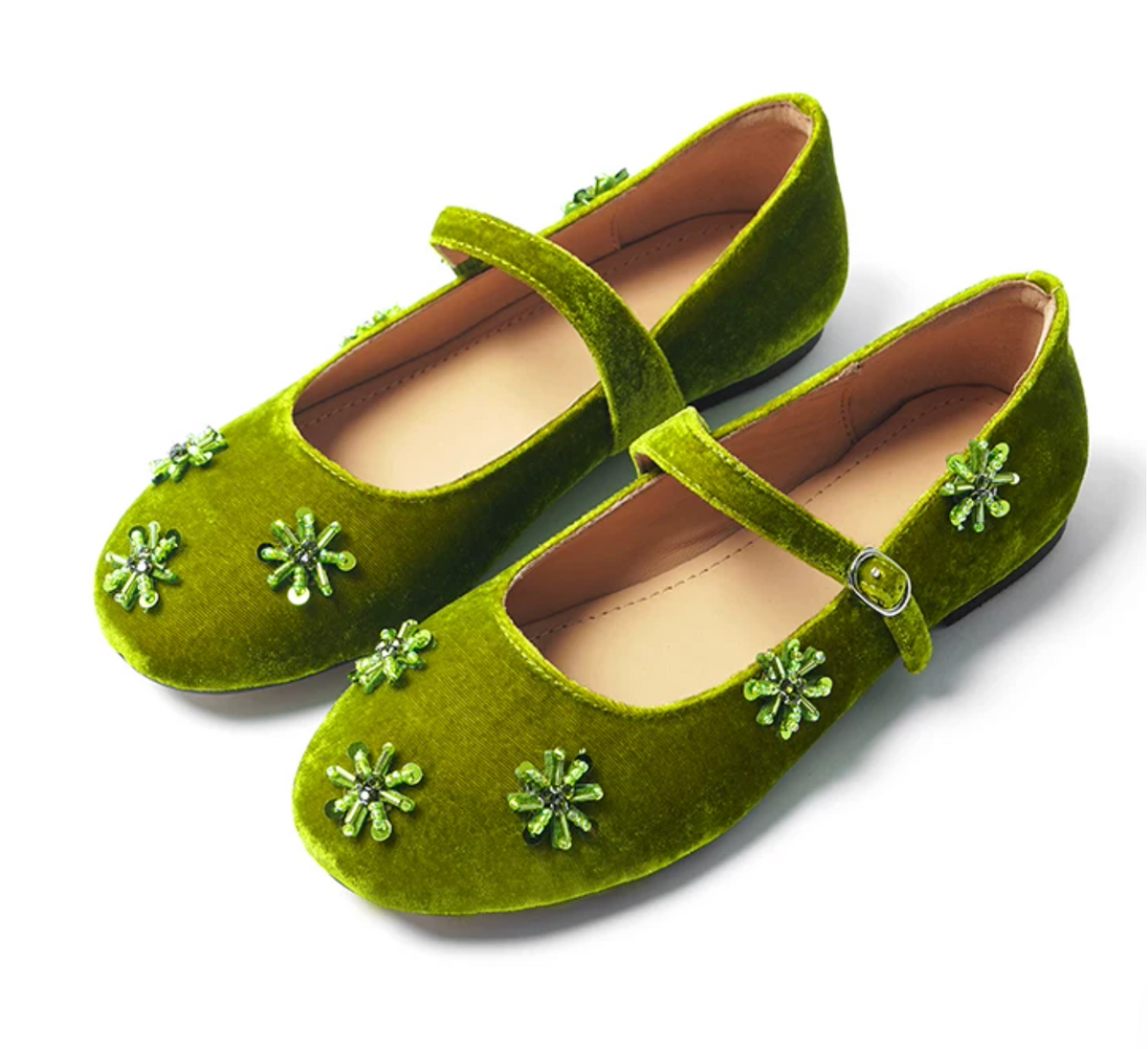 Pair of Moss Green velvet Mary Jane flats with beaded starburst motifs and silver-tone buckle straps