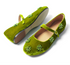 Moss Green velvet Mary Janes showing the non-slip outsole and beaded side details