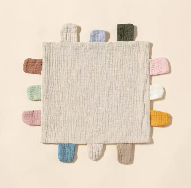 Light khaki sensory baby comfort teething cloth toy front view