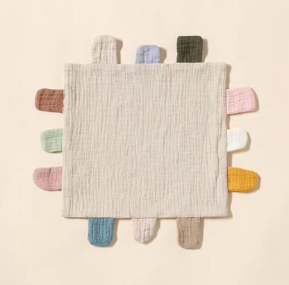 Light khaki sensory baby comfort teething cloth toy front view