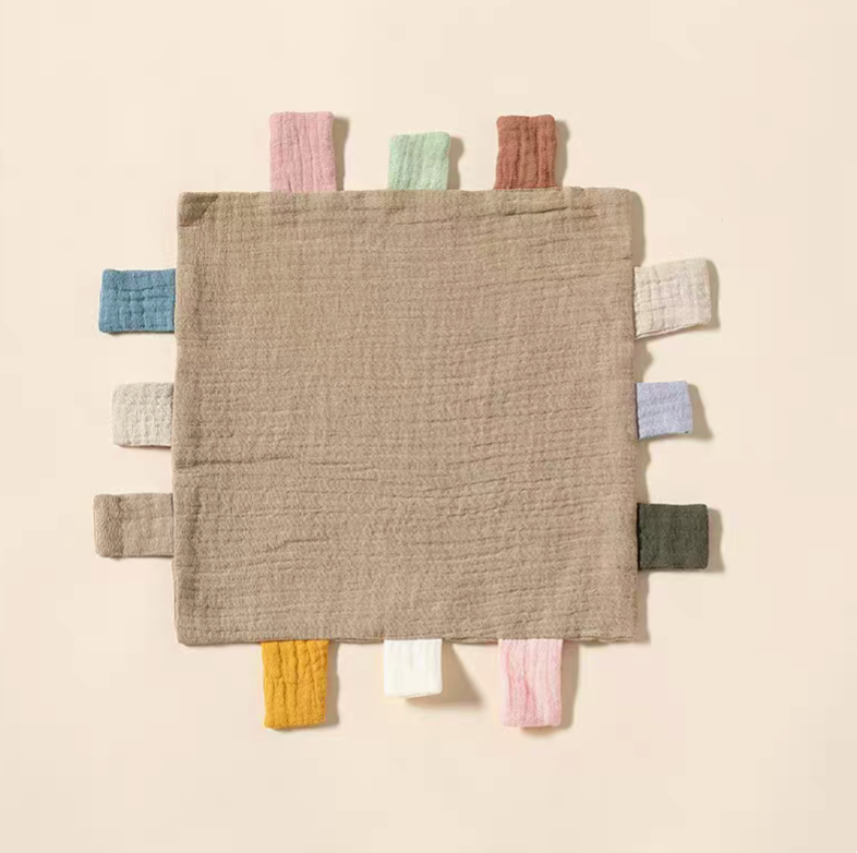 Dark khaki sensory baby comfort teething cloth toy front view