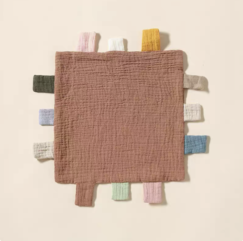 Brown sensory baby comfort teething cloth toy front view