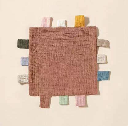 Brown sensory baby comfort teething cloth toy front view