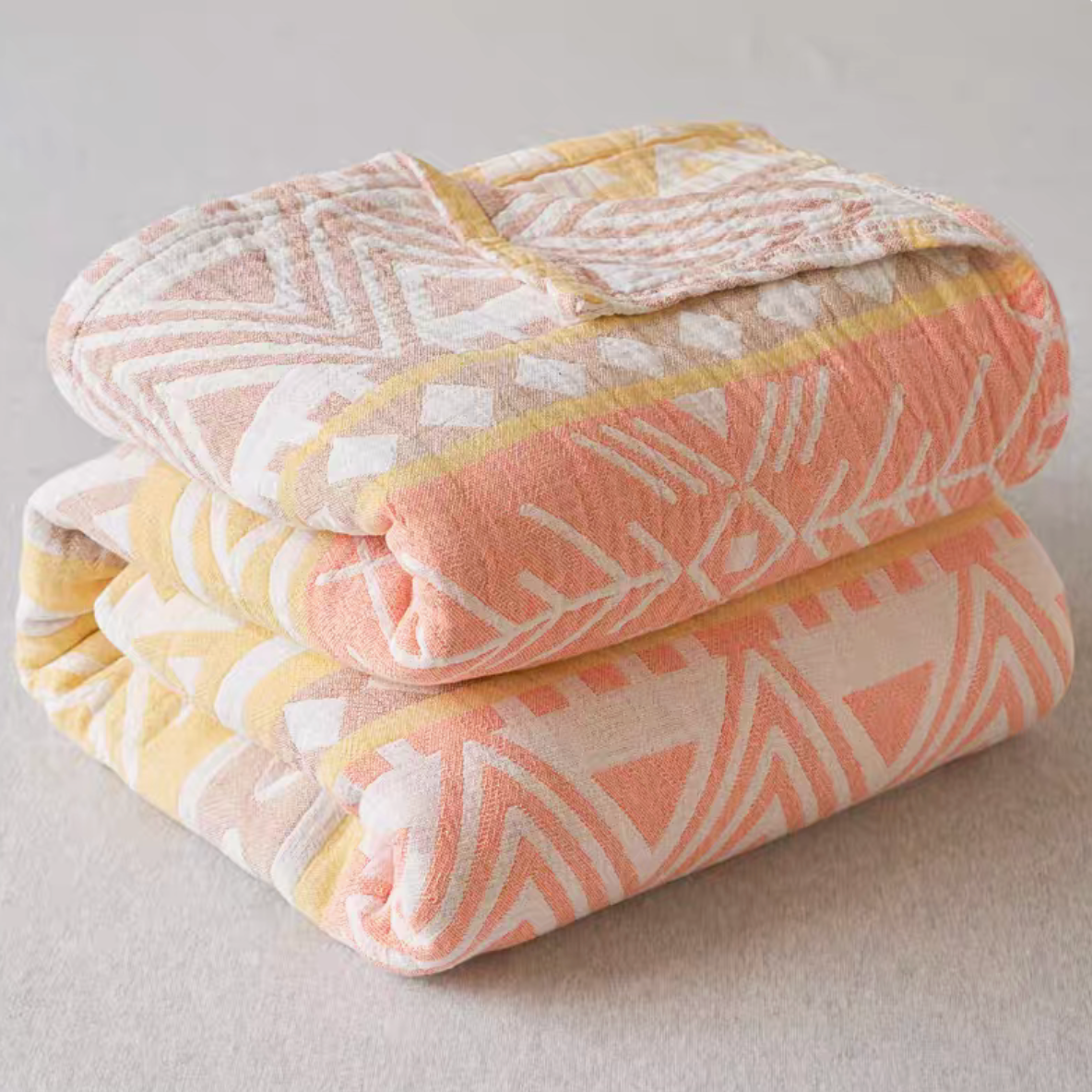 Nature Cotton Quilt Mia Yellow folded cotton jacquard quilt with geometric nature pattern