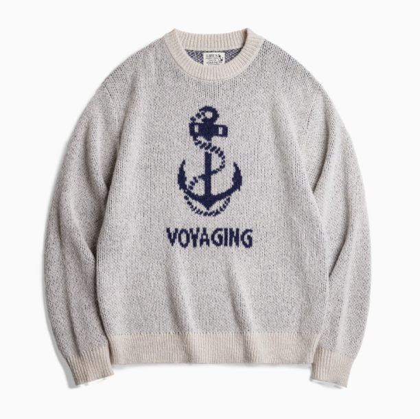 Nautical Anchor Knit Sweater Gray Blue flat lay front view featuring anchor graphic and VOYAGING text on textured knit fabric