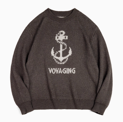 Nautical Anchor Knit Sweater Gray Brown flat lay front view with anchor graphic and VOYAGING text on textured knit