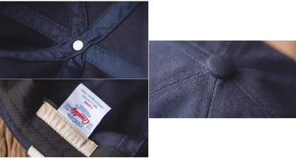Dark Blue Nautical Miki Cap detail collage showing interior label cotton lining top stitching and crown construction