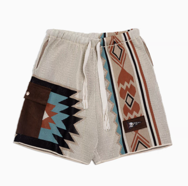 Navajo-Inspired Geometric Knit Beach Shorts diamond pattern front view showing drawstring waist and geometric patchwork design