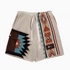 Navajo-Inspired Geometric Knit Beach Shorts diamond pattern front view showing drawstring waist and geometric patchwork design