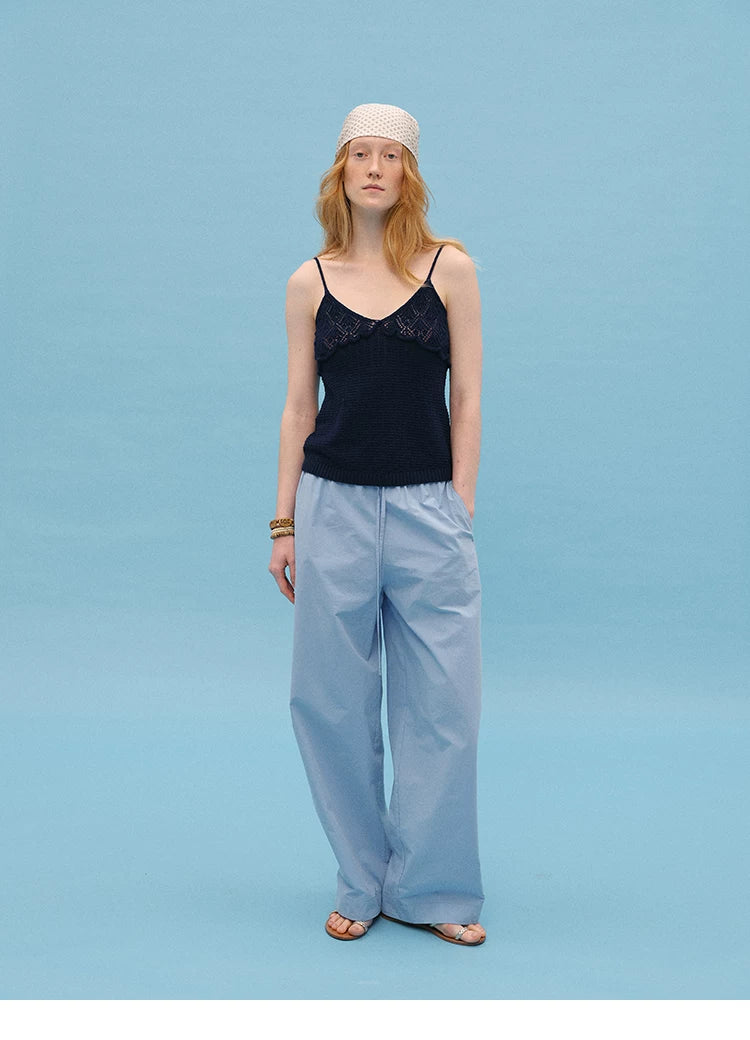 Full-length front view of Navy cotton knit cami with spaghetti straps