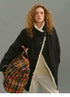 Navy cotton down parka with shearling-trimmed front edge and gunmetal snaps