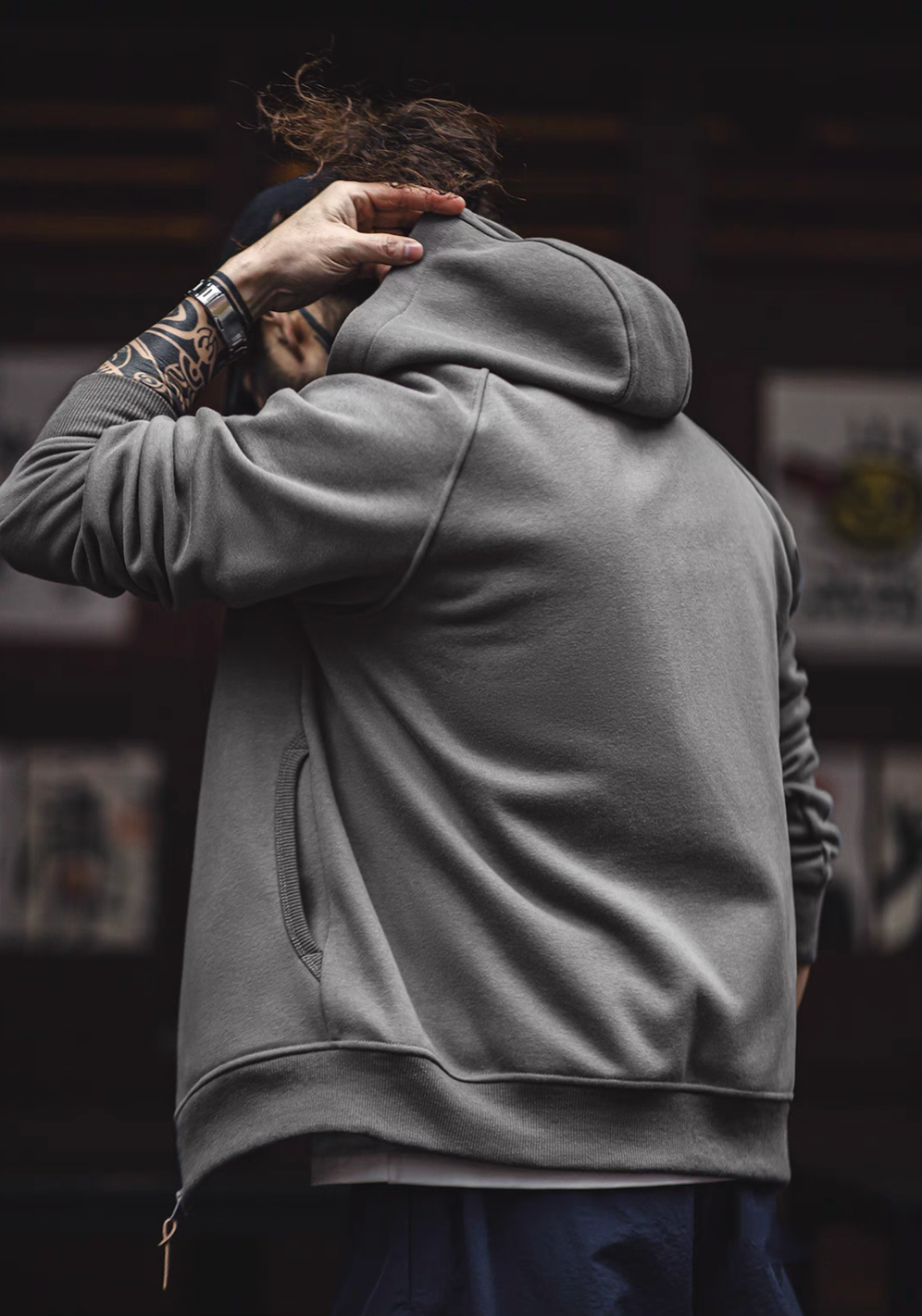 Back view of deep floral grey Nordic Comfort zip hoodie showing clean back design and hood structure