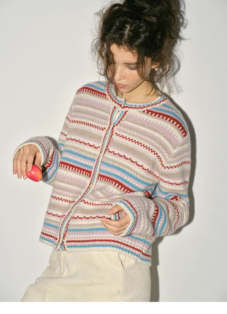 Beige fair isle striped cardigan three quarter view with button front and relaxed fit styling
