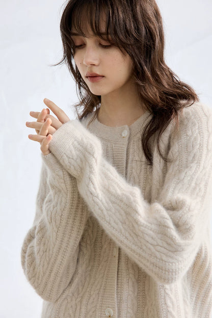 Oatmeal wool cardigan, close-up of round neckline and button