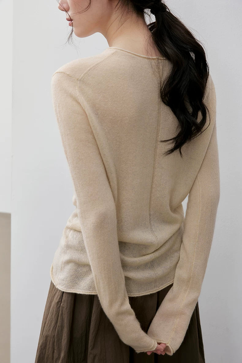 Oatmeal wool camel-blend pullover, back view showing rolled neckline
