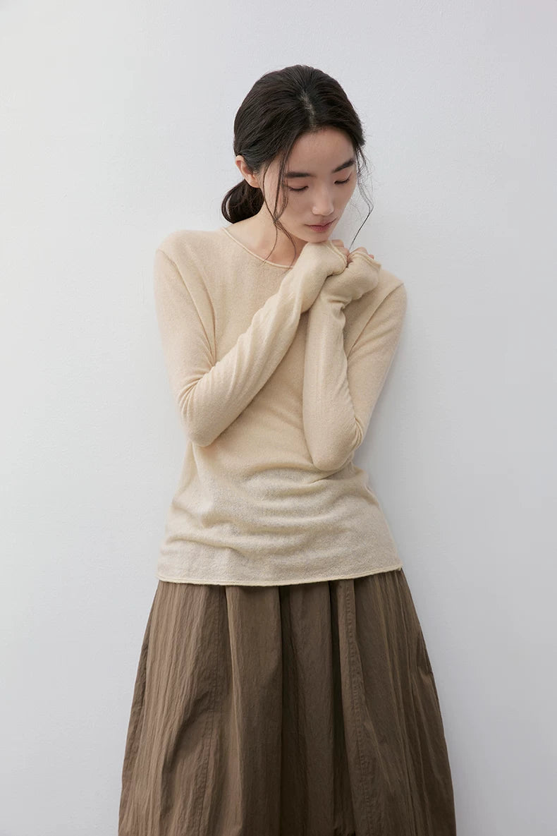 Oatmeal wool camel-blend pullover, close front view