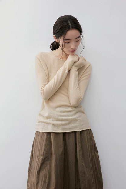 Oatmeal wool camel-blend pullover, close front view